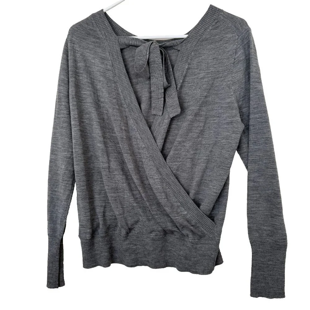 J Crew Merino Wool Wrap Back Sweater Medium Long Slv‎ Gray Quiet Luxury Preppy